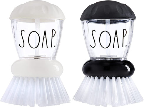 Rae Dunn Collection Soap Dispensing Dish Brush Set - Set of 2 Palm Brush Dish Scrubber with 2 Replacement Brush Heads