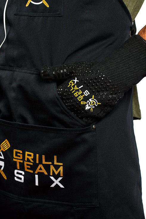 BBQ Gloves for Grilling by GRILL TEAM SIX - Extreme Heat Gloves Resistant 932°F - Perfect for Oven Gloves, BBQ Gloves for Smoker, Smoker, Cooking - Non-Slip Silicone Grip - Plus GT6 Hat