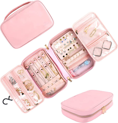 Matein Travel Jewelry Organizer, Portable Hanging Leather Carrying Storage Bag Large Waterproof Jewelry Pouch with Hook, Jewelry Case Holder for Necklaces, Earrings, Rings, Gifts for Women, Pink