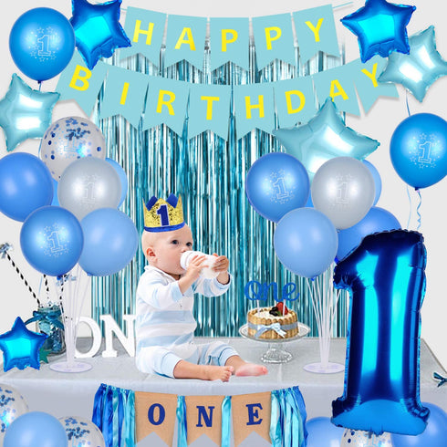 EAF 1st Birthday Boy Decorations 78PCS Blue 1st Birthday Decorations for Boy with Blue Tinsel Curtain, 12 Months Photo Banner, 1st Birthday Highchair Banner, I AM ONE and Happy Birthday Banner