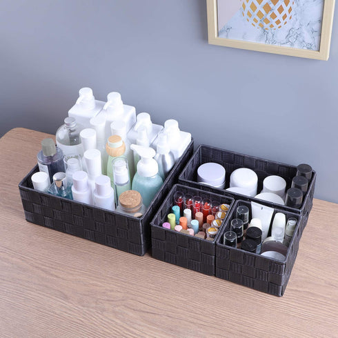 Woven Storage Baskets for Organizing, Posprica Small Baskets Cube Bin Container Tote Organizer Divider for Drawer, Closet, Shelf, Dresser, Set of 4(Dark Grey)