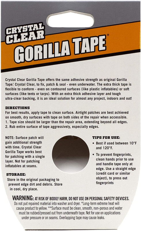 Gorilla Crystal Clear Repair Duct Tape, 1.88? x 9 yd, Clear, (Pack of 2)
