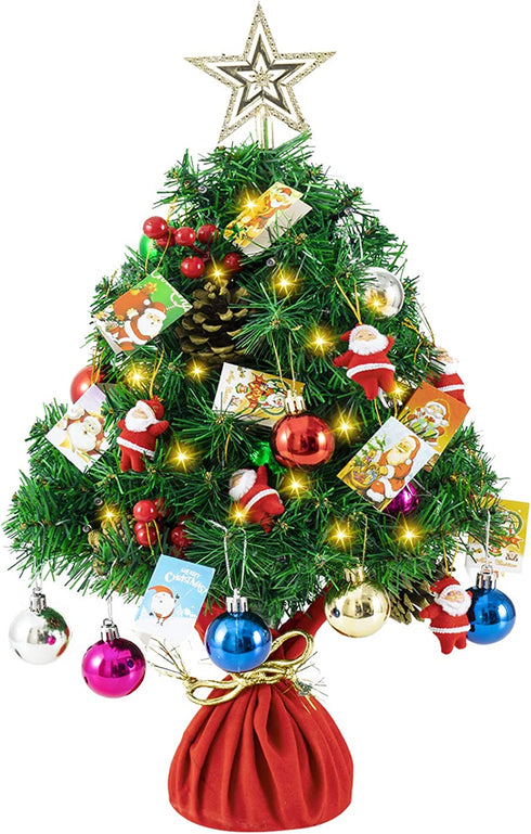Oyydecor Pre-lit Artificial Mini Christmas Tree 24Inch Small Christmas Tree with 50 LED Small Lights and Cloth Bag Base for Table Top Desk Classic Series Holiday Decoration