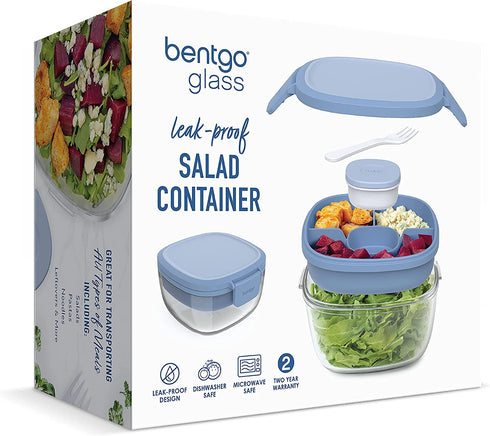 Bentgo® Glass - Leak-Proof Salad Container with Large 61-oz Salad Bowl, 4-Compartment Bento-Style Tray for Toppings, 3-oz Sauce Container for Dressings, and Built-In Reusable Fork (Light Blue)
