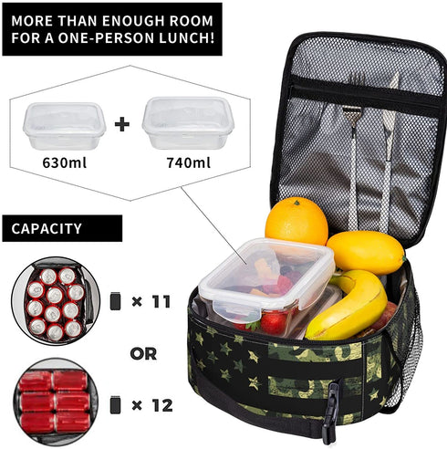 PrelerDIY Camouflage American Flag Lunch Box - Insulated Lunch Bags for Women/Men/Girls/Boys Detachable Handle Lunchbox Meal Tote Bag