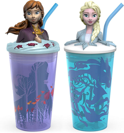 Zak Designs Disney Frozen 2 - Funtastic Tumbler Set with Straw and Unique 3D Character on Lid, Screw-On Lid with Durable Straw Keeps Liquids In (Elsa & Anna, 15 oz, BPA-Free, 2pc Set)