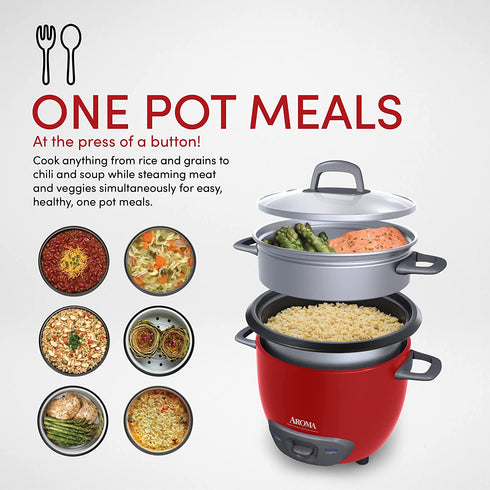 Aroma Housewares ARC-743-1NGR 6-Cup (Cooked) (3-Cup UNCOOKED) Pot Style Rice Cooker and Food Steamer,Red