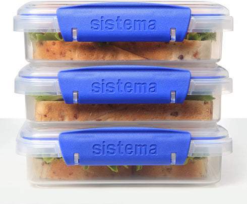 Sistema KLIP IT Collection Sandwich Box 1.9 Cup Compact Food Storage Container, 3 Pack, Clear/Blue, Great for Meal Prep, BPA Free, Reusable