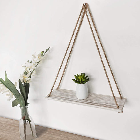 EMAISON Hanging Distressed Wood Floating Shelves with Swing Rope, Farmhouse Organizer Rustic Home Décor, Set of 2 (Set of 2, White Wash)