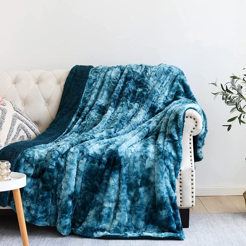 NEWCOSPLAY Super Soft Faux Fur Throw Blanket Premium Sherpa Backing Warm and Cozy Throw Decorative for Bedroom Sofa Floor (Thick-Dark Blue, Throw(40"x50"))