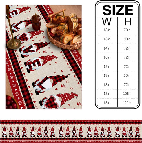 Valentine's Day Cotton Linen Table Runner Red Buffalos Check Plaid Dresser Scarves, Gnomes and Love Heart Table Runners for Farmhouse Kitchen Dinning Table Decor