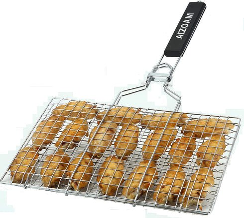 AIZOAM Portable Stainless Steel BBQ Barbecue Grilling Basket for Fish,Vegetables, Shrimp,and Small Flat Sea Food .Great Useful BBQ Tool.-Bonus Additional Sauce Brush and 50 Natural Bamboo Skewers €‘