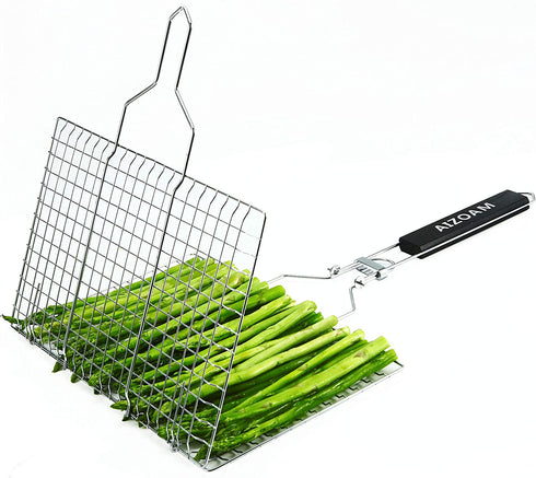 AIZOAM Portable Stainless Steel BBQ Barbecue Grilling Basket for Fish,Vegetables, Shrimp,and Small Flat Sea Food .Great Useful BBQ Tool.-Bonus Additional Sauce Brush and 50 Natural Bamboo Skewers €‘