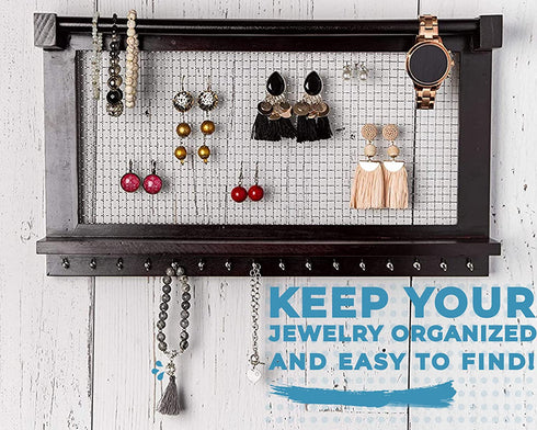 Rustic Jewelry Organizer Wall Mounted Jewelry Holder with Removable Bracelet Rod, Shelf and 16 Hooks Perfect Earrings, Necklaces and Bracelets Holder Vintage Jewelry Display Dark Brown