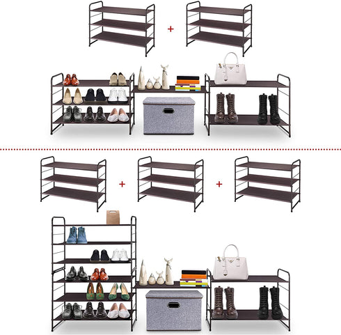 Simple Trending 3-Tier Stackable Shoe Rack, Expandable & Adjustable Fabric Shoe Shelf Storage Organizer, Bronze