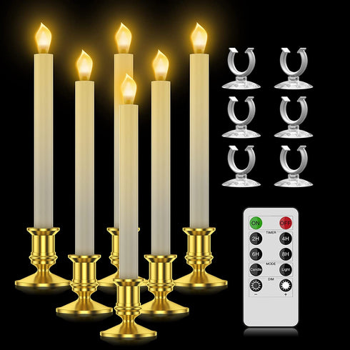 Window Candles, Ronxs LED Taper Candles with Timer, Flickering Flameless Candles with Remote Battery Operated Candles, Indoor Christmas Decorations (6 Pcs Gold)