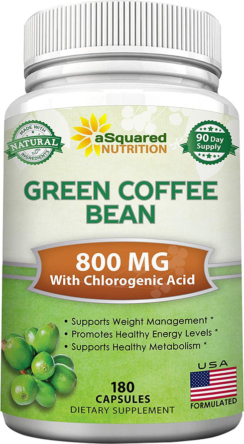 Natural Green Coffee Bean Formula - 180 Capsules - Max Strength GCA Antioxidant Cleanse for Pure Weight Loss, 800mg per Pill - with Chlorogenic Acid - 1600mg Daily Supplement, Healthy Fat Burner