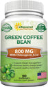 Natural Green Coffee Bean Formula - 180 Capsules - Max Strength GCA Antioxidant Cleanse for Pure Weight Loss, 800mg per Pill - with Chlorogenic Acid - 1600mg Daily Supplement, Healthy Fat Burner