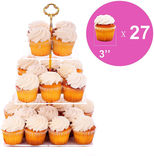 Jusalpha 3 Tier Acrylic Square Cupcake Stand, Dessert Display Tower (Gold Version 2, 1) 3SG-V2