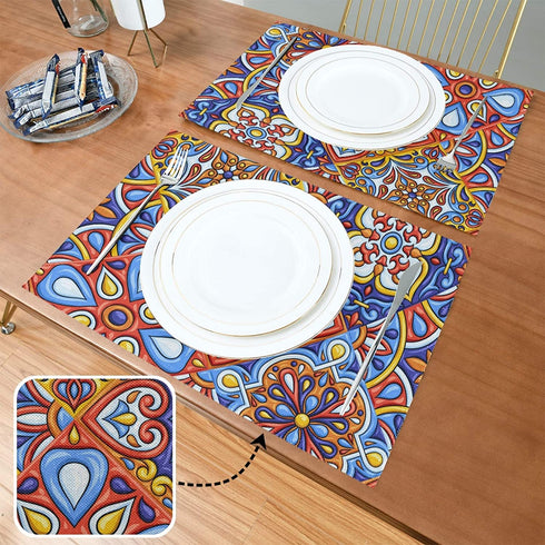 Qilmy 4 Pack Place Mats Non-Slip Dining Table Mat Heat-Resistant Reversible Placemat Double Sided Washable Placemats for Kitchen/Party/Restaurant 12" x 18", Mexican Talavera Folk Tile
