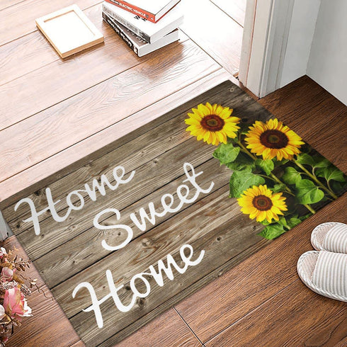 Sunflower Welcome Doormat, 17 X 29 Inch Wood Background Flower Spring Summer Decorative Home Sweet Home Entrance Rug Door Mat Rubber Backing Non-Slip Floor Mat for Kitchen Bathroom
