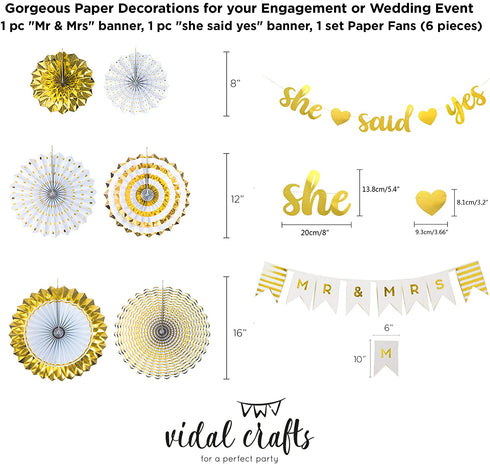 VIDAL CRAFTS Gold Engagement Party Decorations, 6 Pcs Paper Fans, MR&MRS Banner, Love Foil Balloon, Engagement Balloons, She Said Yes Banner, Gold Themed Engagement Party Kit or any kind of engagement party decor
