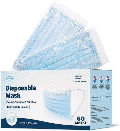 WeCare Disposable Face Mask Individually Wrapped - 50 Pack, Colored Face Masks