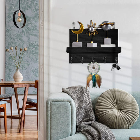 ?Upgraded?Key Holder, Thick Back Panel and Widened Shelf - 5 Heavy Metal Hooks, 11.75x3.13x7 in Decorative Key and Mail Holder for Walls, Corridor Kitchen Farmhouse Decoration Key Rack, Black (Black)
