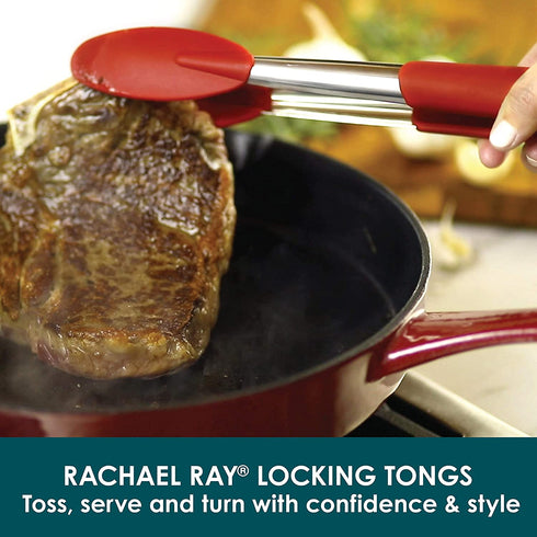 Rachael Ray Lil' Huggers Dishwasher Safe Lazy Locking Cooking Tongs / Salad Serving Tools / Multi Purpose - 2 Piece, Red