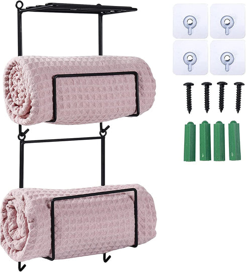 Towel Rack Holder Set Wall Mounted with Top Shelf & Hook - Towels Organizer for Storage of Washcloths, Hand Towels - Modern Wall Decorative for Spa, Salon, Modern Design?Black?