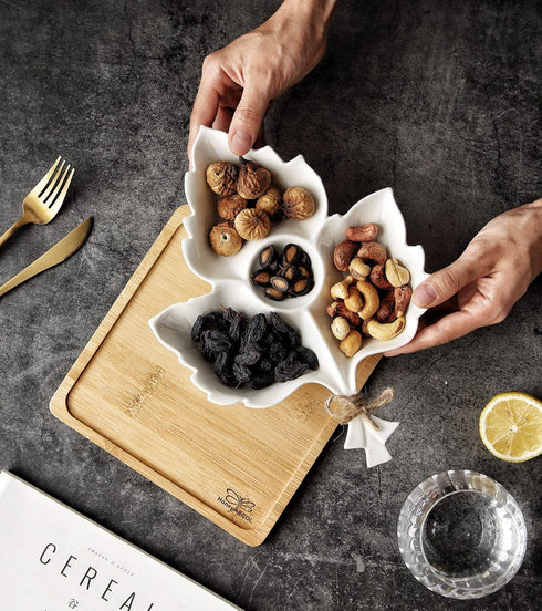 Honey ARGOL | Leaf Shaped Appetizer Divided Serving Platter Tray,Ceramic 4Compartment Serving Platter with Tray,Sauce Dip Serving Dish,Salsa Guacamole Chip&Dip Hors d'oeuvres Serving Set