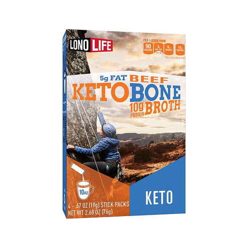 LonoLife Keto Beef Bone Broth Powder, 5g fat, 10g Protein, Paleo and Keto friendly, Stick Packs 4 Count