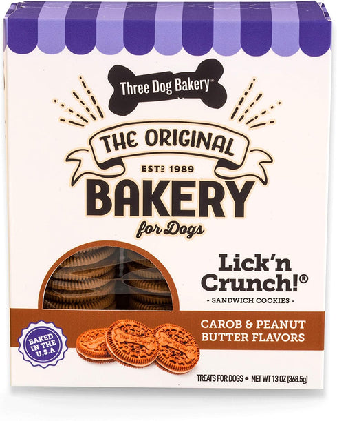 Three Dog Bakery Lick'n Crunch Sandwich Cookies Premium Dog Treats with No Artificial Flavors, Carob and Peanut Butter Flavor, 13 Ounces (Pack of 1)