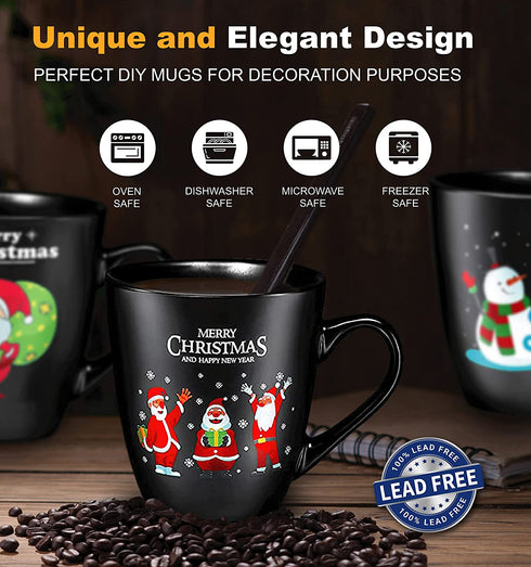 Coffee Mugs Set of 6 Large-sized 16 Ounce Christmas Holiday Ceramic Mug - Holiday Coffee Mug Funny Novelty Mugs Decorative Christmas Gift, Christmas Matte Black