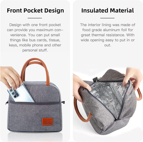 Zoforthon Lunch Bag Reusable Bag for Lunch Box Portable Tote Double Layer Food Cooler Bag for Travel Work Picnic, Grey