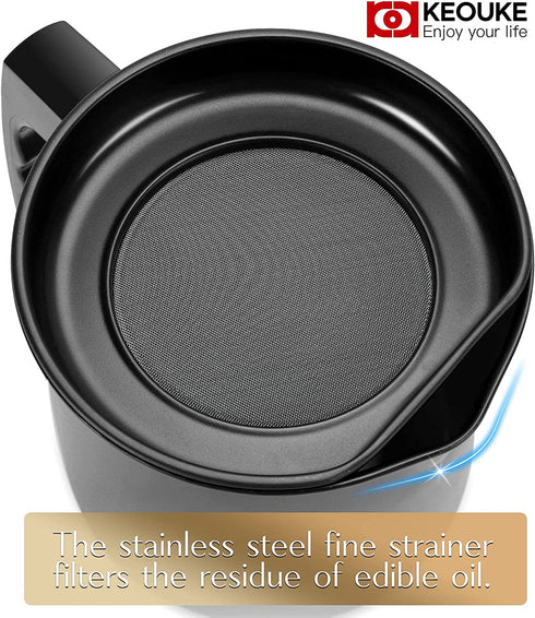 KEOUKE Bacon Grease Container with Strainer - 1.3L / 5.2 Cups Oil Storage Grease Keeper Iron Can for Cooking Oil, Frying Oil with Replaceable Cleaning Brush