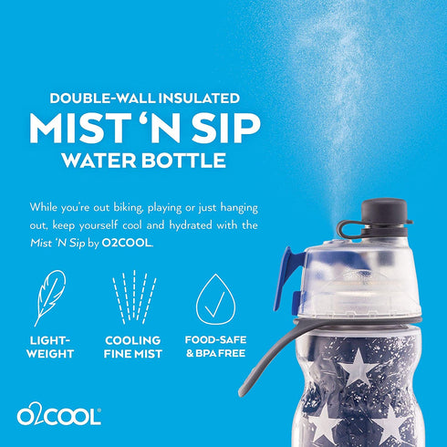 O2COOL Mist 'N Sip Misting Water Bottle 2-in-1 Mist And Sip Function With No Leak Pull Top Spout (Patriot)