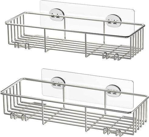 SMARTAKE 2-Pack Shower Caddy, Rustproof Bathroom Shelf Organizer with Hooks for Hanging Razor Sponge Brush, SUS304 Stainless Steel Wall Rack for Dorm, Toilet, Bath and Kitchen, Silver