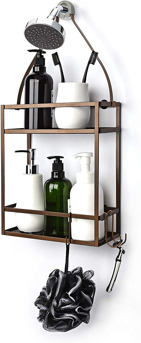 Minggoo Shower Caddy Organizer, Mounting Over Shower Head Or Door, Extra Wide Space for Shampoo, Conditioner, and Soap with Hooks for Razors and More,10.5" x 4.5" x 22.4", Bronze
