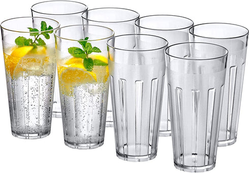Amazing Abby - Stripe - 24-Ounce Plastic Tumblers (Set of 8), Plastic Drinking Glasses, All-Clear High-Balls, Reusable Plastic Cups, Stackable, BPA-Free, Shatter-Proof, Dishwasher-Safe