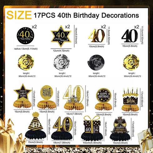 40th Birthday Decorations, 17 Pieces 40th Birthday Honeycomb Table Centerpieces and Hanging Swirl Happy 40th Birthday Party Decorations Cheer 40 Years Table Toppers for Men and Women