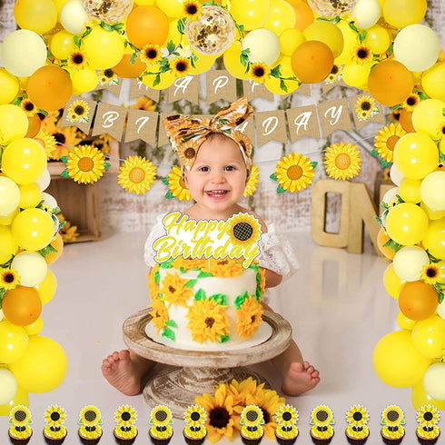 Sunflower Birthday Party Decorations Supplies 104Pcs - Sunflower Happy Birthday Banner, Artificial Sunflower Vine, Aluminum Foil Balloon, Cake Toppers, Balloons and Tools for Sunflower Garland Arch
