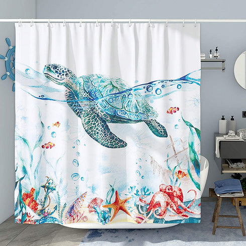DESIHOM Teal Sea Turtle Shower Curtain Ocean Nautical Shower Curtain Under The Sea Shower Curtain Polyester Fabric-72" x 72"
