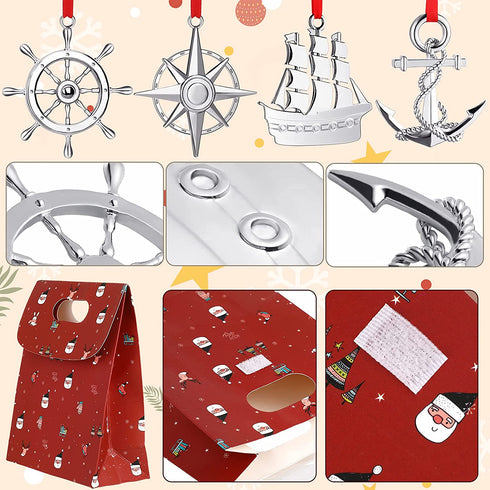 4 Pieces Silver Christmas Tree Ornament Nautical Navy Christmas Ornament Boat Helm and Anchor Christmas Decor with Red Rope and Christmas Bags