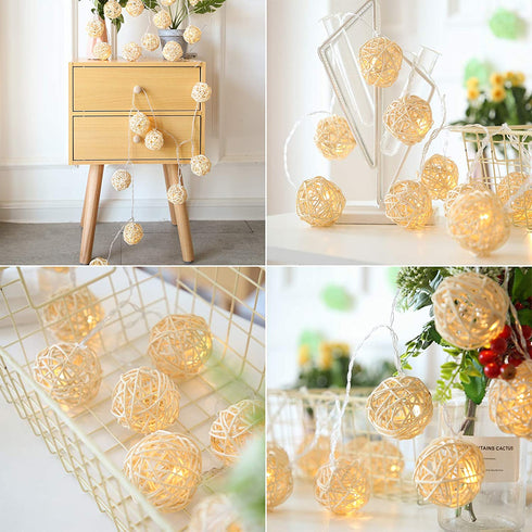 HYAL LUZ Battery Operated 20 LED String Lights, 16.4ft 20 Globe Rattan Balls Christmas Light with Remote Control & Timer, Indoor Fairy String Lights Decorative for Bedroom Party Wedding (Warm White)