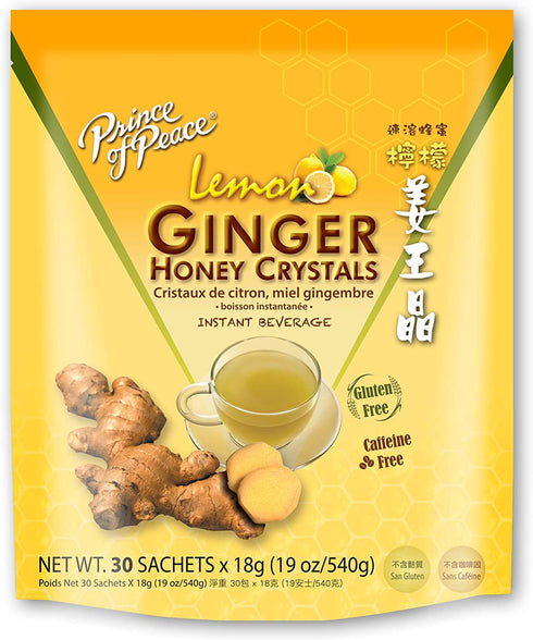 Prince of Peace Instant Lemon Ginger Honey Crystals, 1 Pack of 30 Sachets Instant Hot or Cold Beverage for Nausea Relief and Soothes Throat Easy to Brew Ginger and Honey Crystals