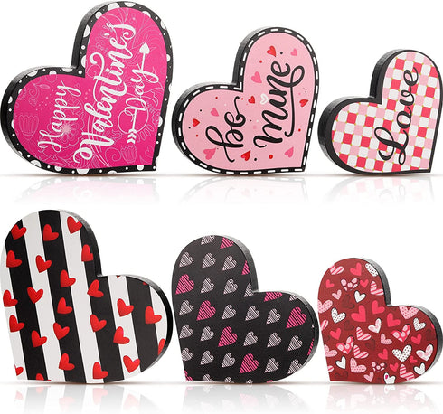 3 Pieces Valentine's Day Heart Wood Sign Reversible Heart Tray Decor Love Heart Shape Home Decor Double Side Printed Freestanding Table Decorations for Valentines Day Wedding Party (Lovely Style)