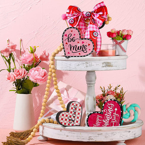3 Pieces Valentine's Day Heart Wood Sign Reversible Heart Tray Decor Love Heart Shape Home Decor Double Side Printed Freestanding Table Decorations for Valentines Day Wedding Party (Lovely Style)