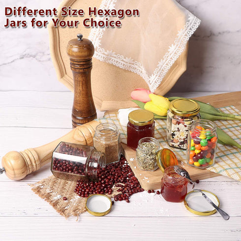 HWASHIN 24 Pack 3 oz Hexagon Glass Jars with Gold Lids, Honey Jars Small Spice Jars Mason Jars with 30pcs Labels and 2 Sponge Brushes for Jam, Baby Foods, Gifts, Wedding Party Favors
