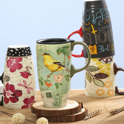 CEDAR HOME Coffee Ceramic Mug Porcelain Latte Tea Cup With Lid in Gift Box 17oz. Yellow Song Bird